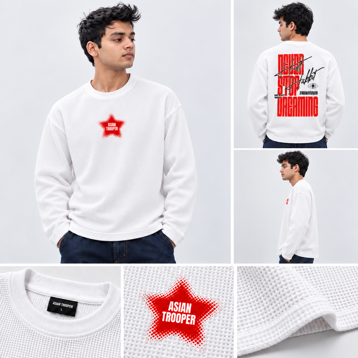 Waffle White Full Sleeve T-Shirt
