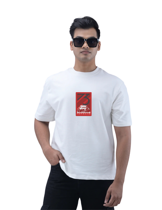 Man wearing a white t-shirt with a red logo on a white background