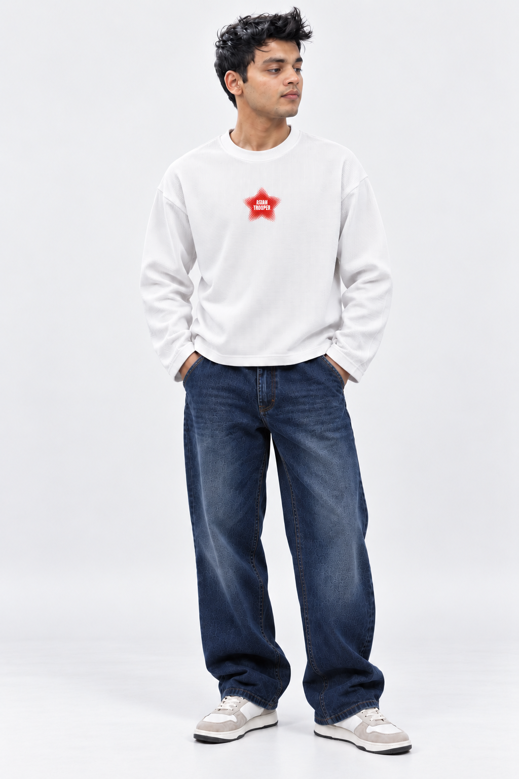 Waffle White Full Sleeve T-Shirt